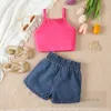 Alla hjärtans dag Little Girls Clothes Set Toddler Kids Letter Printed Tank Top Love Heart Pattern Bows Denim Shorts 2pcs 2024 Summer Children Outfits Z6387