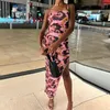 Casual Kleider OMSJ Boho Sommer Spaghetti Strap Druck Party Kleid Dame Elegante Ärmel Bodycon Plissee Unregelmäßigen Split Urlaub Maxi