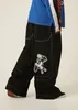 Klasyczne retro czarny druk PatTrern Woman Modna workowate dżinsy Harajuku Casual Low Wasited Prosty Noge Pants Gothic Spoders 231228