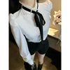 Blusas femininas Camisas Brancas Mulheres JK Preppy Tie Puff Manga Longa Estudante Lolita Office Lady Coreano Ruffles Slim All Match Crop Tops