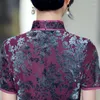 Ethnic Clothing Chinese Style Mother Cheongsam Long Printed Velvet Purple Retro Qipao Women Elegant Temperament Slim Sheath Plus Size 4XL