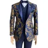 Жаккардовый смокинг с цветочным принтом для мужчин, облегающий свадебный костюм, темно-синий и золотой джентльменский пиджак с жилетом и брюками, мужской костюм из 3 предметов 231229