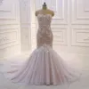 현대식 레이스 플러스 크기 인어 웨딩 드레스 스파게티 스트랩 구슬 오픈 백 3D 꽃 신부 가운 멍청이 de noiva
