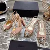 Snygga högklackade kvinnors sandaler sommar lyxig designer läder tofflor sexiga chunky klackar festskor högkvalitativa bröllopskor 8 cm 4 cm med låda