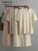 여자 2 피스 바지 여성 여름 단색 느슨한 니트 셔츠 하이 허리 세트 통근자 캐주얼 스트리트웨어 세트