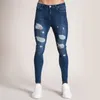 Herrbyxor smala fit hål bryta denim mode streetwear fast färg tvättade jeans plus storlek avslappnad mångsidiga byxor