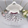 Clothing Sets 23Ss Kid Kids Designer Clothes Skirt Set Girls Round Neck Pure Cotton Logo Printing T-Shirt Ribbon Splicing Net Yarn Hal Dhyq9