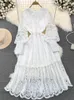 カジュアルドレスジャメラリー滑走路秋のホリデー刺繍ホワイトレースプロムドレス女性の長いランタンスリーブジッパーソリッドかぎ針編みミディ
