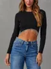 T-shirts Femmes Femmes Tricot Chemise Grunge Col Rond Manches Longues Slim Fit Côtelé Crop Tops 90s Strass Trim Tee Streetwear