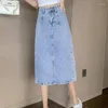 Skirts DFRCAEG Long Denim Skirt Women 2023 Spring Street Wear Korean Fashion High Waist Blue Maxi Slit Faldas Front Pockets Saia Jeans