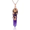 Pingente colares flor natural envolto cristal pêndulo hexágono cura ametista rosa quartzo pedra corrente colar jóias para mulheres homens