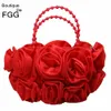 Väskor boutique de fgg röd blomma rose buske kvinnor satin aftonväska pärlor handtag på väskan bröllop handväska brudkoppling