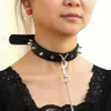 Sautoirs Sexy Rivet PU Collier En Cuir Chaîne De Plomb Corde De Remorquage Cloche Collier Esclave Costume BDSM Bondage Collier Collier Sexe Punk Goth221n