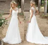 Boho Jardin Une Ligne Robes De Mariée En Dentelle Appliqué Col En V Mancherons Robes De Mariée Rustique Pays Balayage Train Grande Taille Mariée Mariage Robes De Novia CL3127