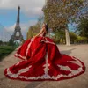 Красное блестящее шариковое платье с плеча Quinceanera платья золотые аппликация кружевные бусины сладкие 16 платья платья.