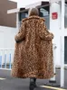 Zadorin high street leopardo impressão longo casaco de pele do falso jaqueta macia para as mulheres inverno falso pele de coelho trench coat jaquetas de pelúcia 231228