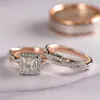 Wedding Rings Luxury Princess Cut Cubic Rose Gold Zircon Bridal Marriage 3Pc Set Elegant Accessories Brilliant Women Jewelry269q