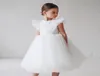 Girl039s Vestidos Ins Boho Criança Meninas Branco Vestido de Dama de Honra Para Crianças Flutter Manga Malha Tule Princesa Flor Roupas Weddin6975436