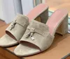 Summer Top Loro Charms Suede Mules Slippers Slides Open-Toe Shoes Chunky Block Heels Women äkta läder yttersula