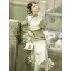 Ropa étnica Otoño elegante verde soporte collar mangas largas abertura lateral cheongsam vestido con chaleco mujeres estilo nacional vestidos de fiesta qipao