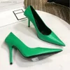 Kniv 110mm Pump Green Black Pink-Women High Heels äkta läder Sexigt mode Grunt mun spetsade tår Stiletto Heel Dress Designer Pekade tå klackar