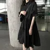 Robes décontractées Robe midi noire pour femmes Vêtements Vintage Style Preppy Vêtements élégants Fairycore Dames Une ligne Bouton Chemise plissée