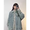 Jaquetas femininas rosa bordado high street vintage denim turn down colarinho mulheres manga longa solta y2k casacos americanos casuais outerwear