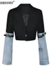 Eshin automne mode femmes Denim Patchwork Blazer col cranté simple bouton à manches longues vestes de costume courtes TH5165 231229