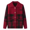 Kvinnors stickor #2988 Mohair Plaid Cardigan Coat Women Middle Aged Vintage Sticked tröja Turn-down Collar Single Breasted Knitwear
