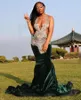 Eremald vert velours sirène robes de bal pour fille noire maille transparente luxe diamant cristal anniversaire invité robe pour les femmes