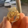 Küme halkaları 14k altın dolu enfes büyük kalp yüzüğü mikro aspave kübik elmas tamamen buzlu bling hip hop punk erkek kadın takılar