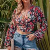 Women's Blouses Lace Up Bow Shirt V Neck Flared Sleeves Printed Women Blouse 2023 Autumn Crop Short Chiffon Blusas Para Mujer