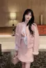 Jackets femininas Modetas Pink Sweet Temperamento Tweed Jaqueta de mangas compridas e terno de saia para mulheres