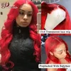 Onda do corpo vermelho frente do laço perucas de cabelo humano 13x6 99j peruca borgonha para mulher pré-arrancado remy 180%