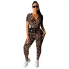 Kvinnors tvådelar Pants 2023 Autumn Women Leopard Print Kort ärm T-shirtdräkt Set Sexig fest Tracksuit outfit Sporting Overalls