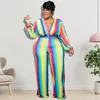 Regenboog Strepen Afdrukken Vrouwen Jumpsuits Lente Plus Size Outfits Volledige Mouwen Diepe V-hals Dames Rompertjes Elegant 231228