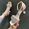 Sandals Rhinestones Pleated Modern Women Summer Thin High Heels Shoes Crystal Pumps Buckle Belt Cover Sandalias Mujer 2023