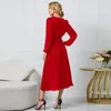 Robe de styliste à manches longues pour femmes, coupe cintrée, plissée, avec ceinture, pull élégant, couleur unie, robe de Cocktail formelle avec ceinture