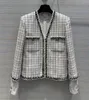 유럽과 미국 여성 2024 Winter New V-Neck Long Sleeve Pocket Plaid 패션 Tweed Jacket