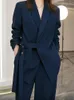 Women Suits Office -Sets Taschen mit Weitbein Hosen Frühling Herbst Office Wear Women Mode Elegance Lady Blazer Sets 231228