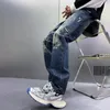 Jeans pour hommes 2024 peinture vintage bleu simple lavé tendance droite personnalisé hip hop pantalon polyvalent à jambes larges