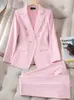 Fashion Pink Green Black Ladies Work Wear Pant Suit Women Kvinnlig knapp dekoration Formell jacka blazer och byxa 2 -stycken uppsättning 231229