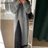 Jesienna zimowa luźna i leniwa zabezpieczanie boczna podsługa nad kolanem Długie dzianinowe sukienka Sweter Women 231229