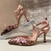 Green Glitter High Heel Women Embroidered Slingbacks Sandals Designer Ankle Strap Buckle Pointed Toe Wrap Dress Shoes Party Fashion Dress Shoes designer shoes