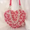 Väskor xiuya japansk gotisk lolita axelväska kvinnor rosa leopard kanin päls väska hjärtform kvinnliga handväskor med kedjekvinnor plånböcker