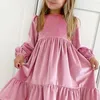 Girl Dresses Girls Round Neck Dress Pleated Hem Fall Long Sleeves Ruffle A Line Swing Party Midi Princess Solid Color