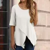 Blouses Femmes Top d'été Vintage Tshirt Femmes O-Cou Demi Manches Pull Tops Irrégulière Ourlet Fendu T-shirt Streetwear Blusa Feminina