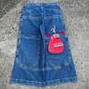 JNCO Джинсы Y2k Мужские Harajuku Хип-Хоп Кенгуру Графический Большой Карман Синий Винтаж Мешковатые Готические Широкие Брюки с Высокой Талией 231228