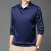 Vår- och höstmännen S Pullover Collar Plaid Button Solid Color Panel Polo Bottom Long Sleeve Shirt Fashion Casual Formal Tops 231228
