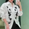 Camisa casual bordada feminina lapela longa botão para baixo camisa moda luxo manga longa jaqueta